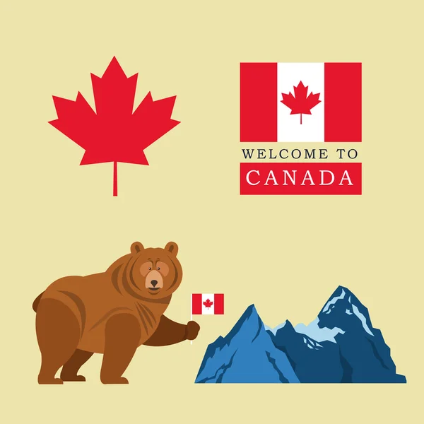 Caricature sur la bière avec le drapeau du Canada. Icône feuille d'érable. Conception de montagne — Image vectorielle