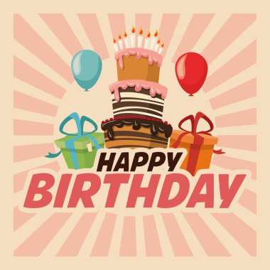 Mutlu doğum günü tasarım. Retro illüstrasyon. Derma grafiği