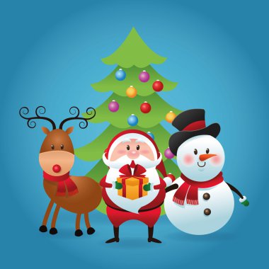 Kardan adam, geyik ve santa simgesi ile Mutlu Noeller kavramı. vektör