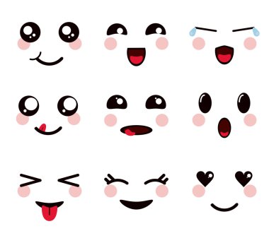 Kawaii simgesi. çizgi film ifade tasarım kümesi. Vektör grafiği