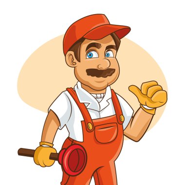 Sıhhi tesisat hizmetleri. Tesisatçı karikatür tasarım. vektör grafiği