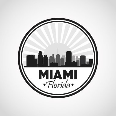 Miami Florida tasarım. Şehir ve gün batımı simgesi. Vektör grafiği