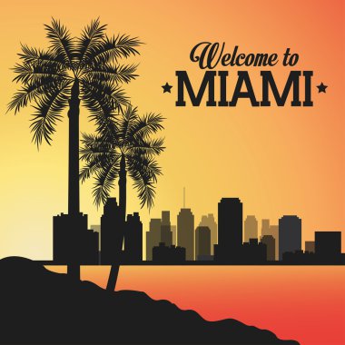 Miami Florida tasarım. Palmiye ağacı ve Şehir simgesi. Vektör grafiği