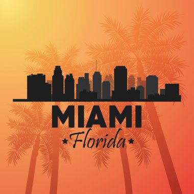 Miami Florida tasarım. Palmiye ağacı ve Şehir simgesi. Vektör grafiği