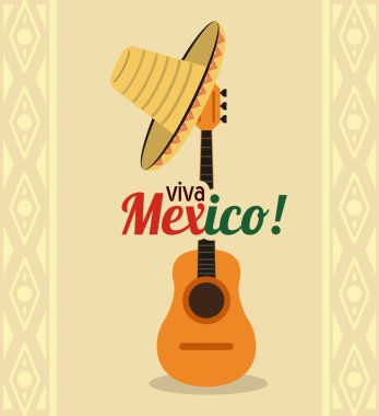 şapka ve gitar simgesi. Meksika kültür. Vektör grafiği