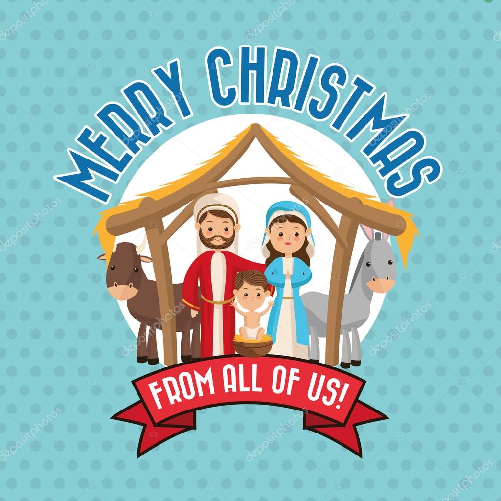Manger reprezentowane przez ÅšwiÄ™tej rodziny ikona nad pieczÄ™Ä‡ pieczÄ™ci wskazaÅ‚ na tle Merry Christmas design — Wektor od jemastock