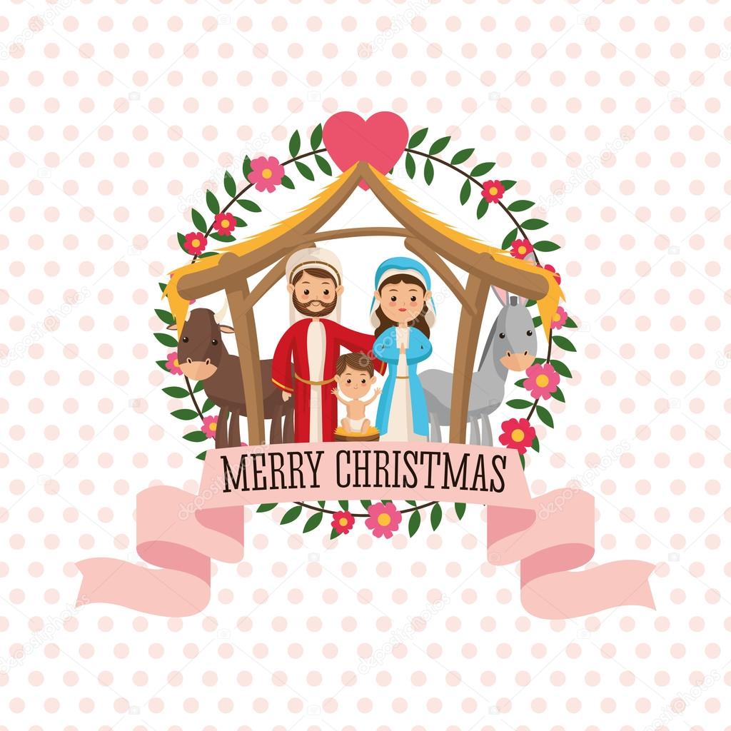Manger reprezentowane przez ÅšwiÄ™tej rodziny ikona nad pieczÄ™Ä‡ pieczÄ™ci wskazaÅ‚ na tle Merry Christmas design — Wektor od jemastock