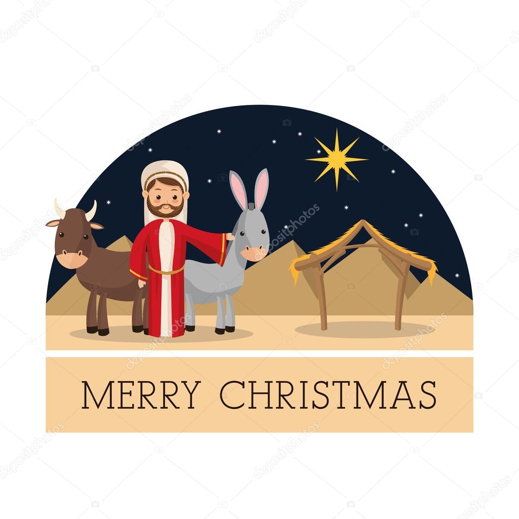 Manger represented by Joseph and farm animals icon over isolated and flat background Merry Christmas design — Wektor od jemastock