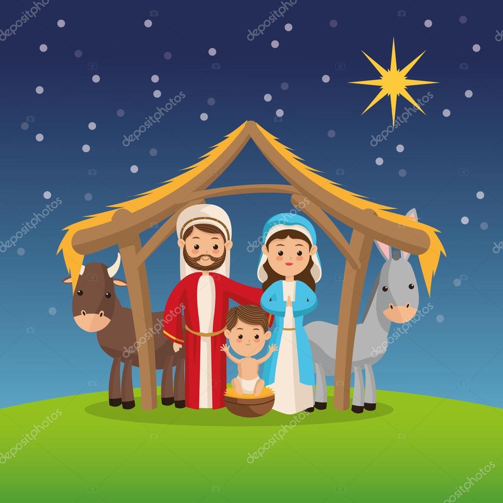 Manger represented by Holy family icon over night background Merry Christmas design — Wektor od jemastock