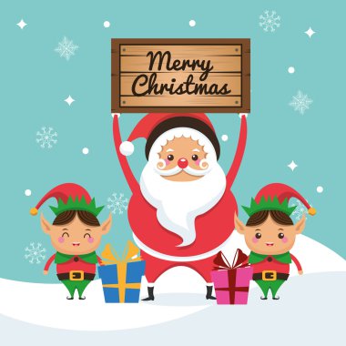 Noel Baba ve elf çizgi film simgesi. Mutlu Noeller. Vektör grafiği