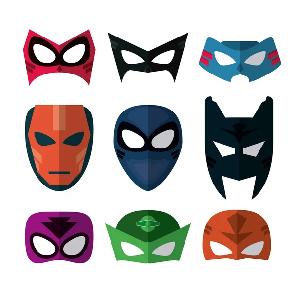 Conjunto de iconos de máscara de superhéroe. Diseño de dibujos animados. gráfico vectorial — Archivo Imágenes Vectoriales