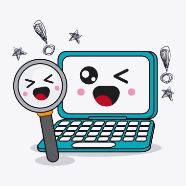Dizüstü bilgisayar ve lupe simgesi. Kawaii ve teknoloji tasarım. Vektör grafik