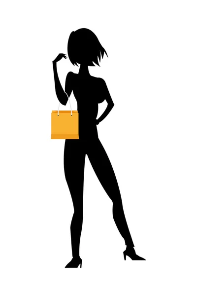Mujer sosteniendo silueta bolsa de compras — Vector de stock