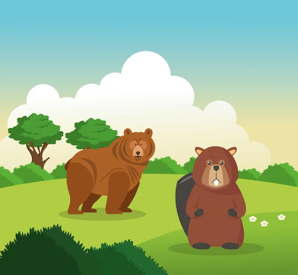 Bear and beaver icon. Landscape background. Vector graphic — Stock Vector