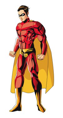 Kırmızı üniforma simgesi olan çizgi roman tarzı erkek superheroe