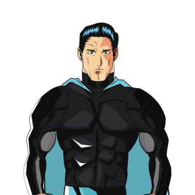 çizgi roman tarzı siyah üniforma ve mavi cape simgesi olan erkek superheroe