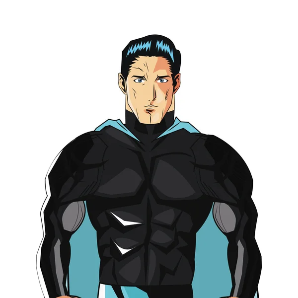 Superheroe masculino de estilo cómico con uniforme negro e icono de capa azul — Vector de stock