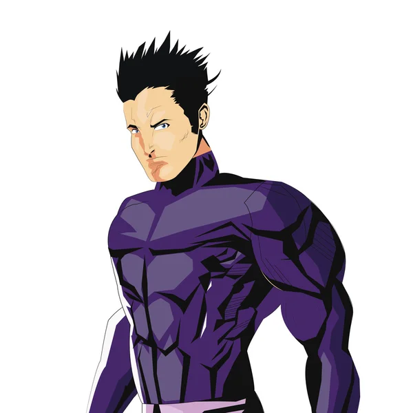 Comic-styl mužský superheroe s fialovým jednotné ikonou — Stockový vektor