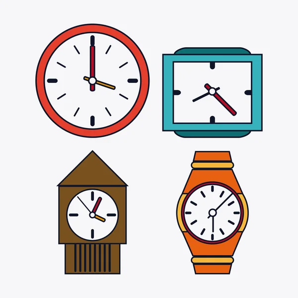 Icono conjunto de relojes de colores. Diseño de tiempo. Gráfico vectorial — Vector de stock