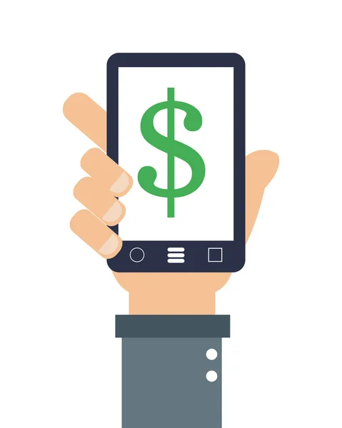 Hand holding cellphone with dollar sign on screen icon — Stock Vector