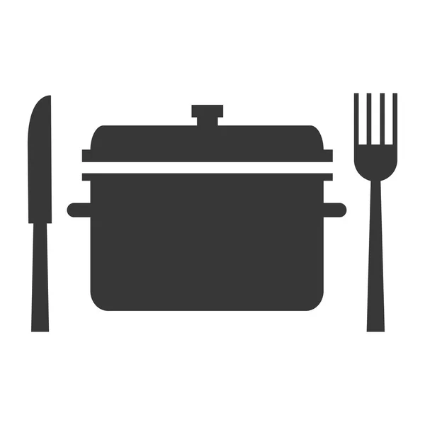 Cooking pot with fork and knife icon silhouette — Stock Vector