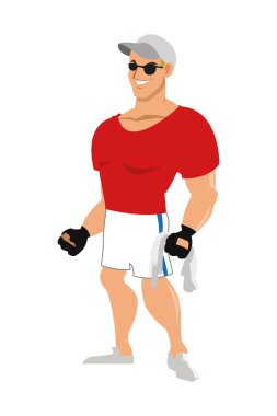 adam fitness ile kıyafet giyen güneş gözlüğü eldiven ve şapka simgesi