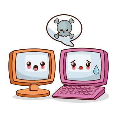 Kawaii karikatür. Teknoloji ve sosyal medya. Vektör grafiği