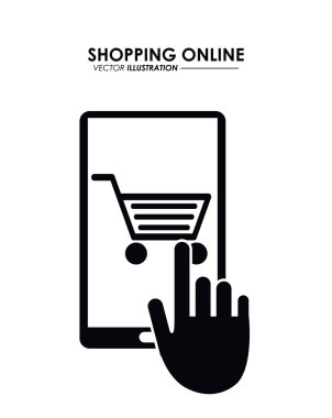 Akıllı telefon, imleç ve alışveriş sepeti. Online alışveriş. Vektör gr