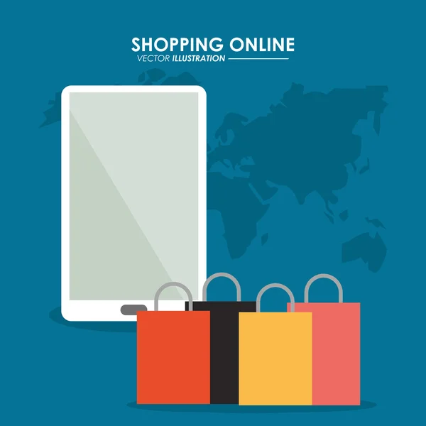 Smartphone et icône de sac à provisions. Shopping design en ligne. Vecteur — Image vectorielle