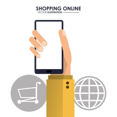 Akıllı telefon, küresel ve alışveriş sepeti. Online alışveriş. Vektör gr