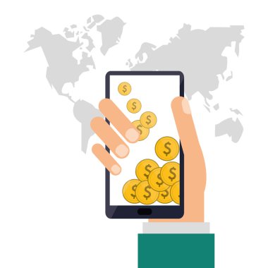 Akıllı telefon ve para simgesi. Alışveriş online tasarım. Vektör grafiği