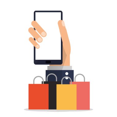 Akıllı telefon ve alışveriş çantası simgesi. Alışveriş online tasarım. Vektör