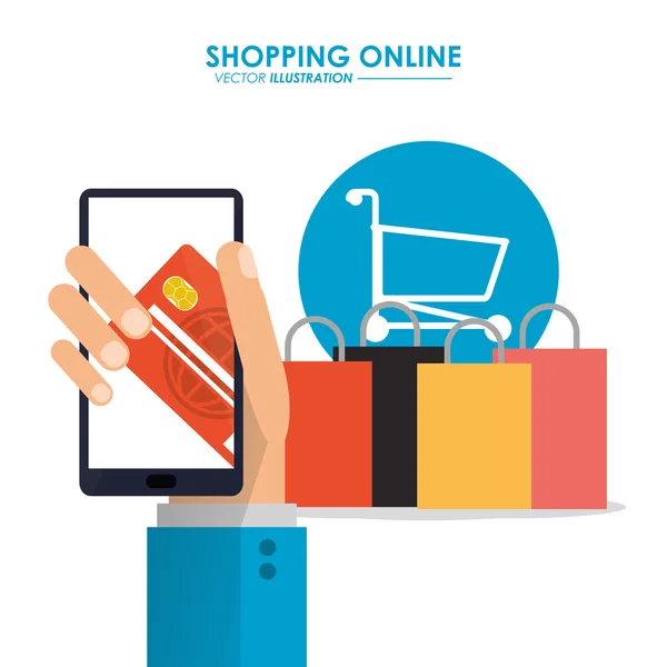 Smartfon, koszyk i torba. Zakupy online. Wykres wektorowy — Wektor stockowy