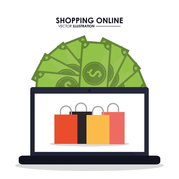 Laptop, rachunki i torba na zakupy ikona. Zakupy online Design. Vec — Wektor stockowy