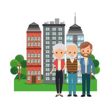 Dedesi ile oğlu simgesi. Aile tasarım. Şehir manzarası
