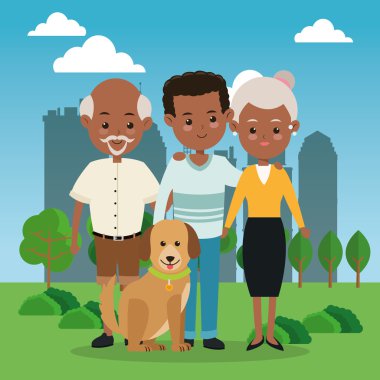 Dedesi ile oğlu simgesi. Aile tasarım. Şehir manzarası