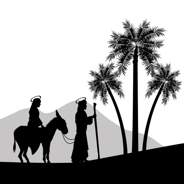 Joseph, Maria e o ícone do burro. Feliz Natal design. Vector gr —  Vetores de Stock
