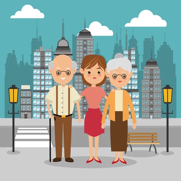 Büyükanne ve büyükbaba lar ve kız ikonu. Aile tasarımı. Şehir Peyzaj — Stok Vektör