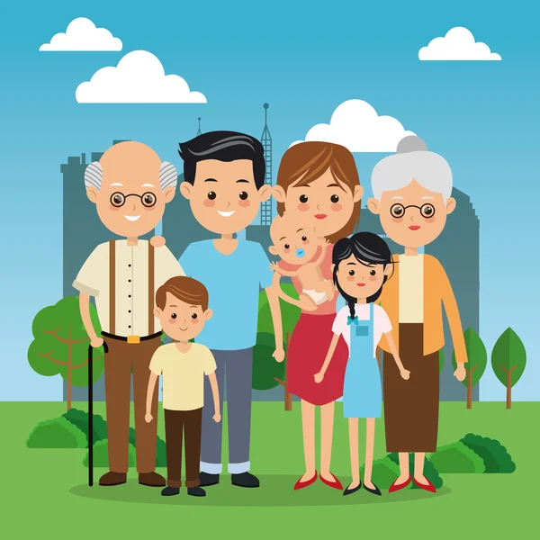 Far-och morföräldrar, föräldrar och barn ikonen. Familjen design. Stadens landskap — Stock vektor