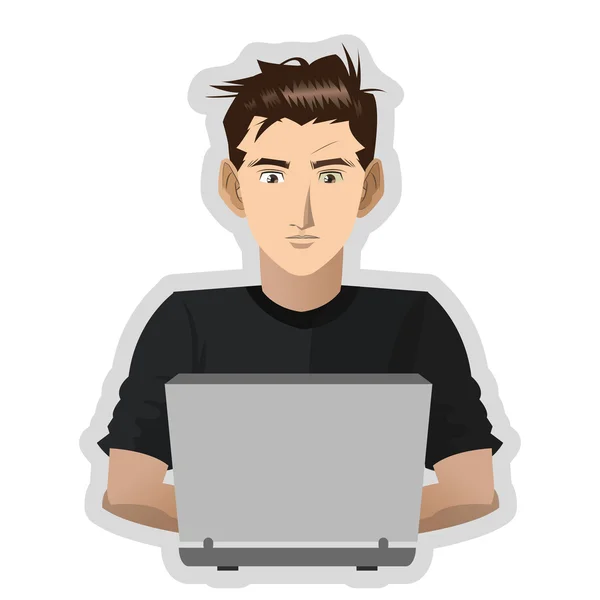 Joven con el icono de la computadora — Vector de stock