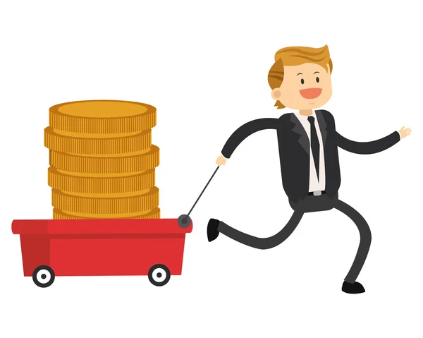 Homem de negócios feliz puxando vagão com ícone de moedas — Vetor de Stock