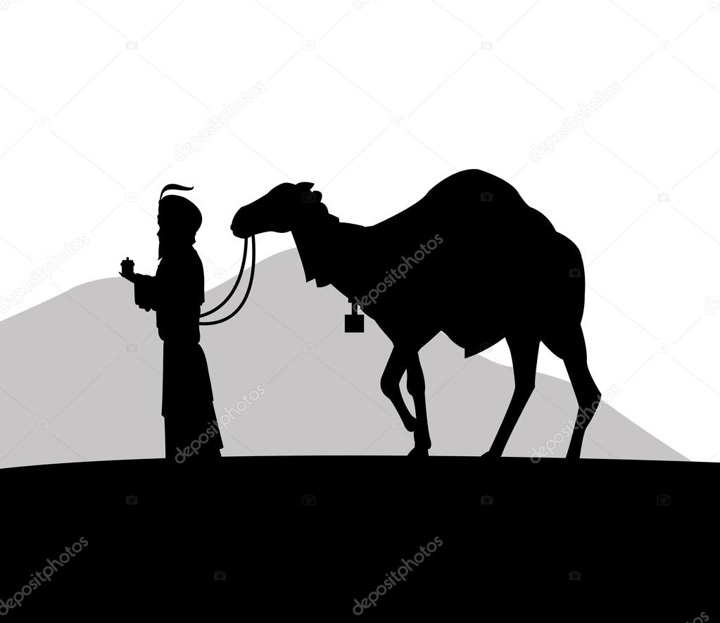 Merry Christmas and holy family concept represented by wise man and camel icon Silhouette and flat illustration — Wektor od jemastock