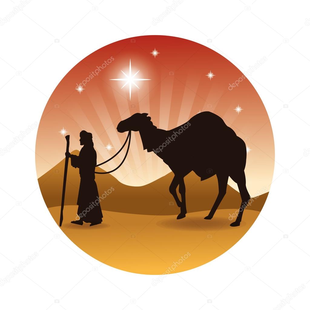 Merry Christmas and holy family concept represented by wise man and camel icon Silhouette and flat illustration — Wektor od jemastock