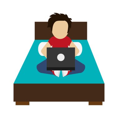 Yatak simgesine dizüstü bilgisayar kullanan adam