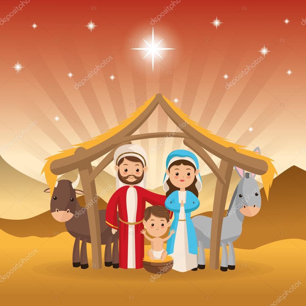 Merry Christmas and holy family concept represented by joseph maria jesus donkey and cow icon over desert landscape Colorfull illustration — Wektor od