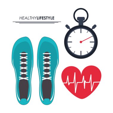 koşu ayakkabıları kalp ve kronometre simgesi. Fitness tasarımı. Vecto