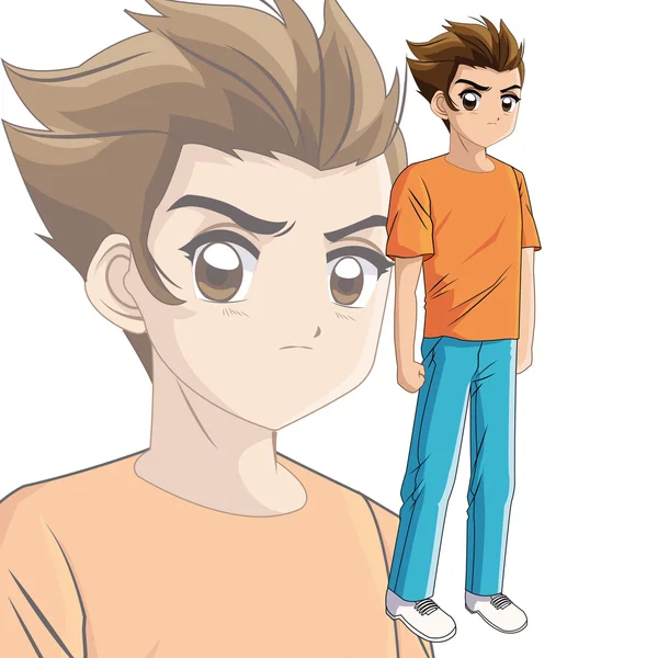 Jongen anime mannelijke manga cartoon pictogram. Vectorafbeelding — Stockvector