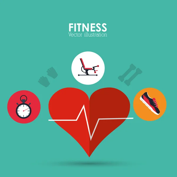 Cronómetro de la máquina del corazón y zapatos icono. Diseño de fitness. Vector — Archivo Imágenes Vectoriales