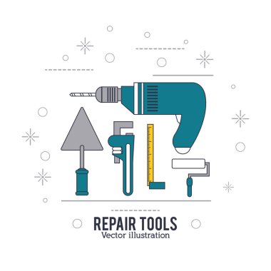 Matkap spatula wrench roll boya cetvel ikonu. Onarım konsepti. Vektör