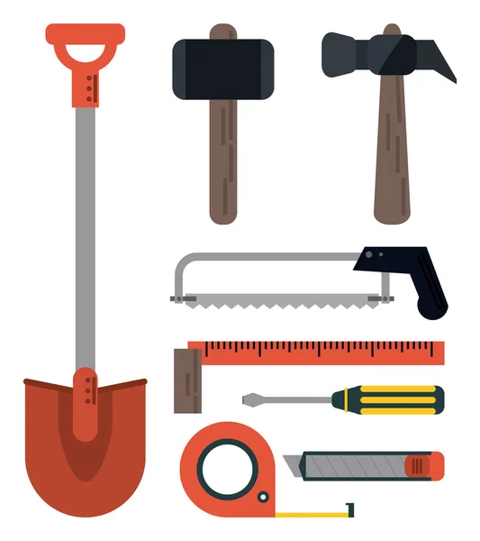 Shovel meter schroevendraaier zaag liniaal hamer gereedschapspictogram. — Stockvector